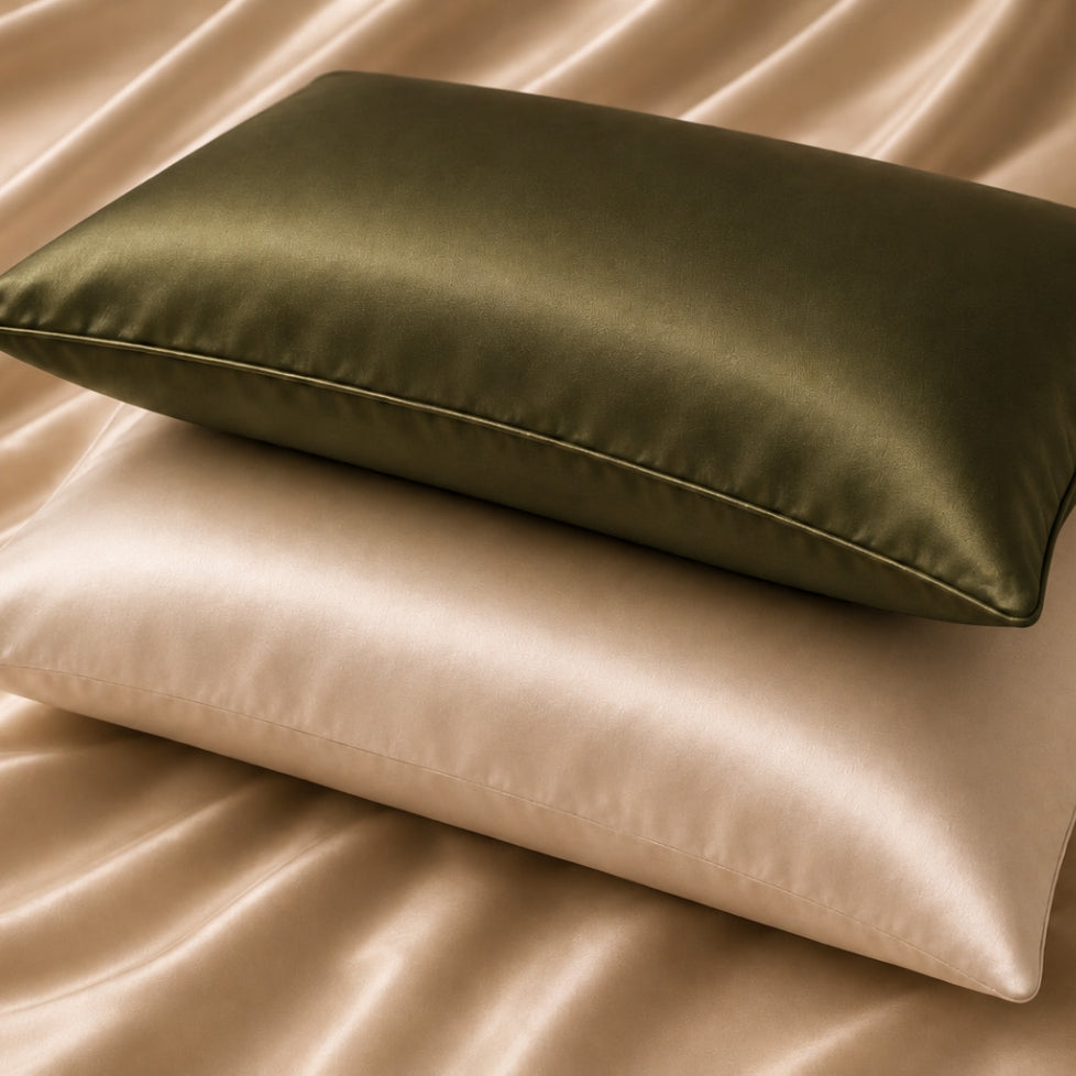 Fronhas de seda Mulberry Verde-oliva e Champanhe com acabamentos distintos