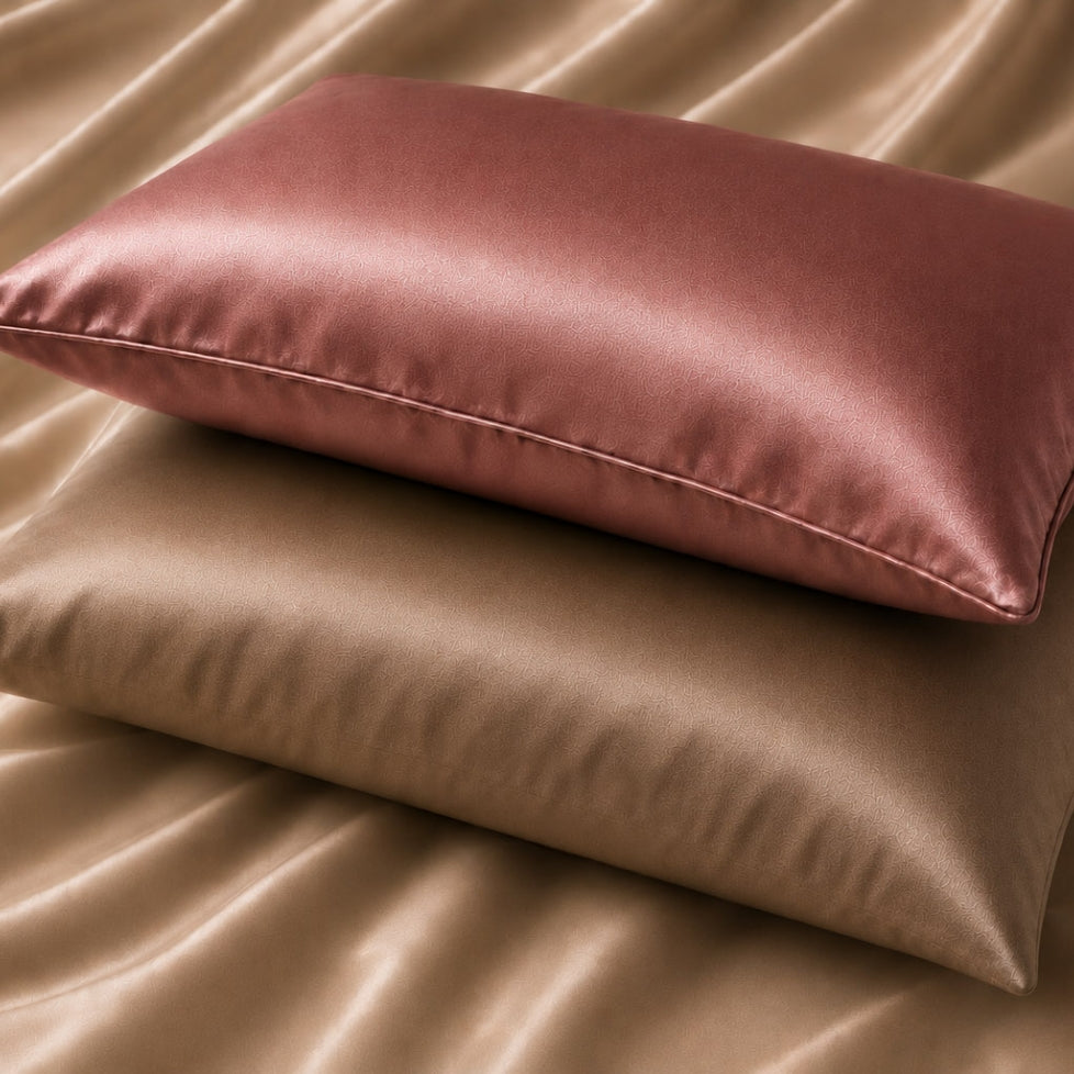 Fronhas de seda Mulberry Rosa Seco e Caqui em composição elegante