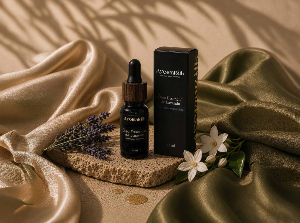 Óleo essencial de Lavanda Aromantik sobre seda Verde-oliva com flores de lavanda
